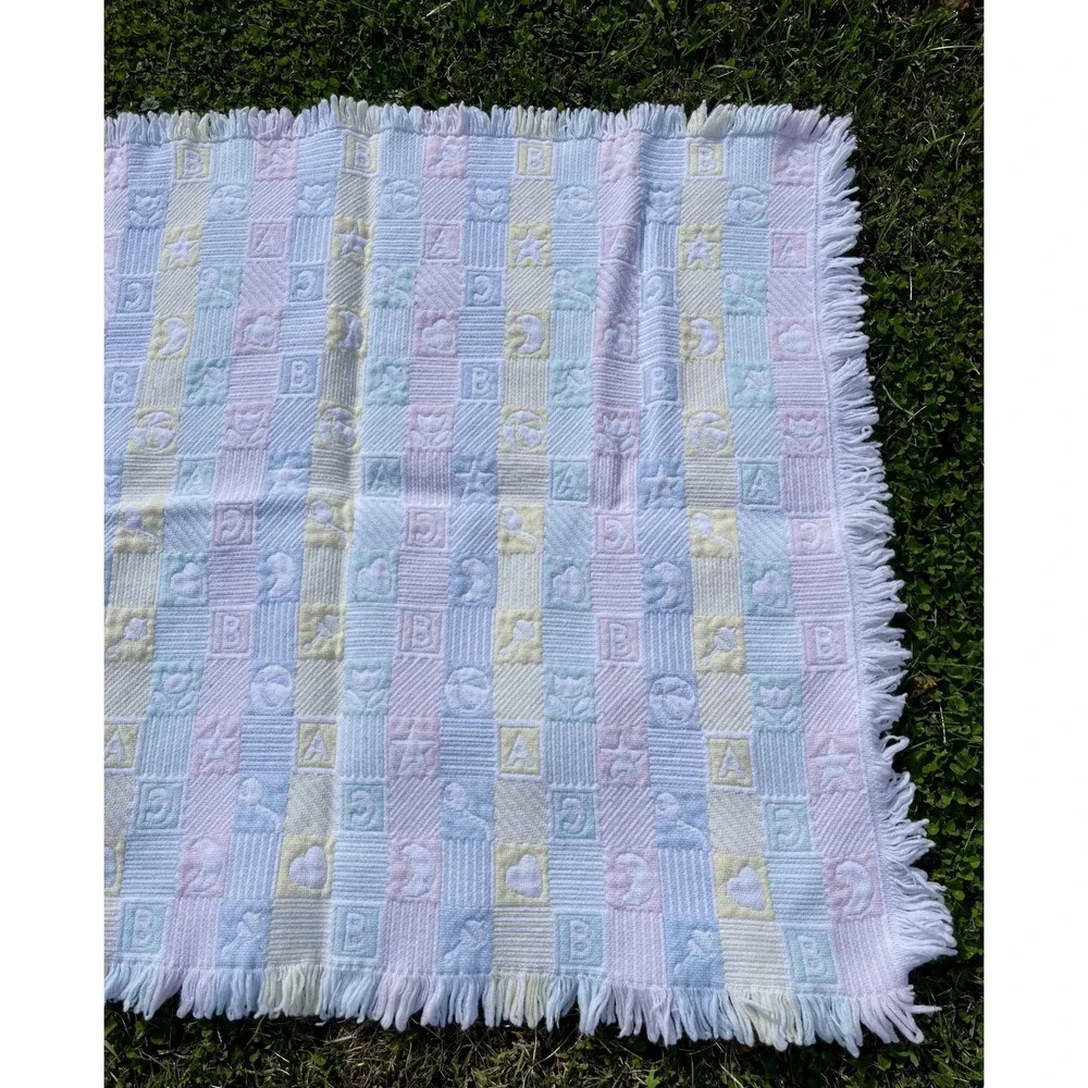 Vintage Pastel ABC Baby‎ Blanket Textured Alphabet Stars Moons Hearts Fringe